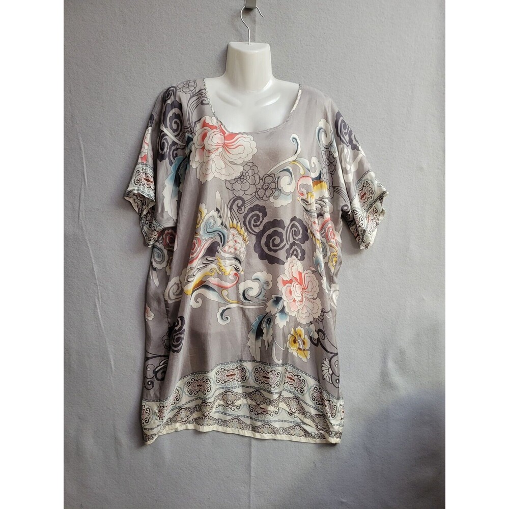 Johnny Was Silk Tunic Mini Dress Floral Dragon Short Sleeve Medium Gray Oversize